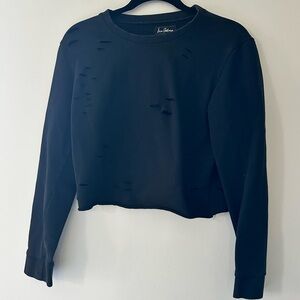 Sam Edelman Womens Black crew neck Sweatshirt Distressed Holes slits Casual  XS